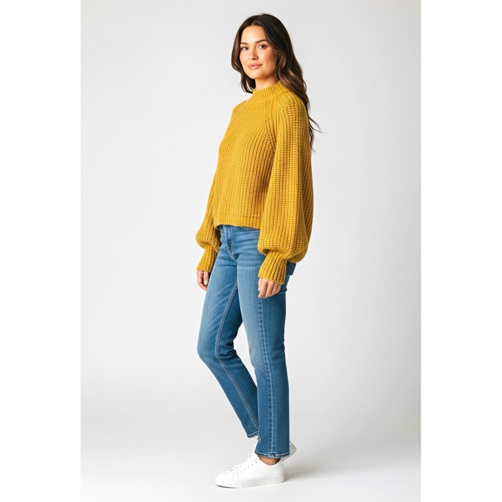 ZARA Womens Yellow Ribbed Knit Mock Neck Balloon Sleeve Pullover Sweater M